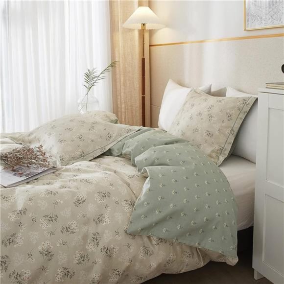 Boho Floral Duvet Cover Queen Soft 100% Cotton Garden Green Floral Bedding Set - Picture 6 of 7